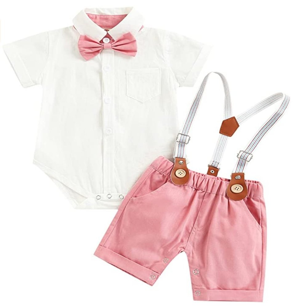 Boys 12-18 mos Easter Pink Shorts White Shirt & Suspender Set